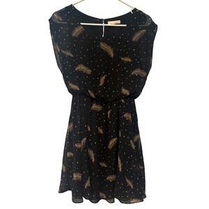 Lush Black Feather Print Dress XS Sleeveless Sheer Lined Elastic Waist Witchy